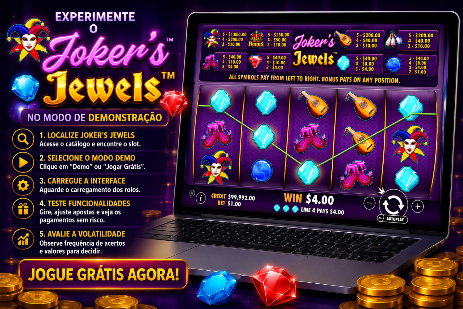 experimente o joker jewels no modo de demonstracao
